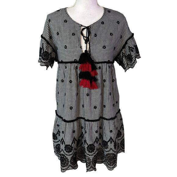 Zara TRF Size M Gingham Embroidered Mini Dress Tassels Boho Eyelet Babydoll - Picture 1 of 5